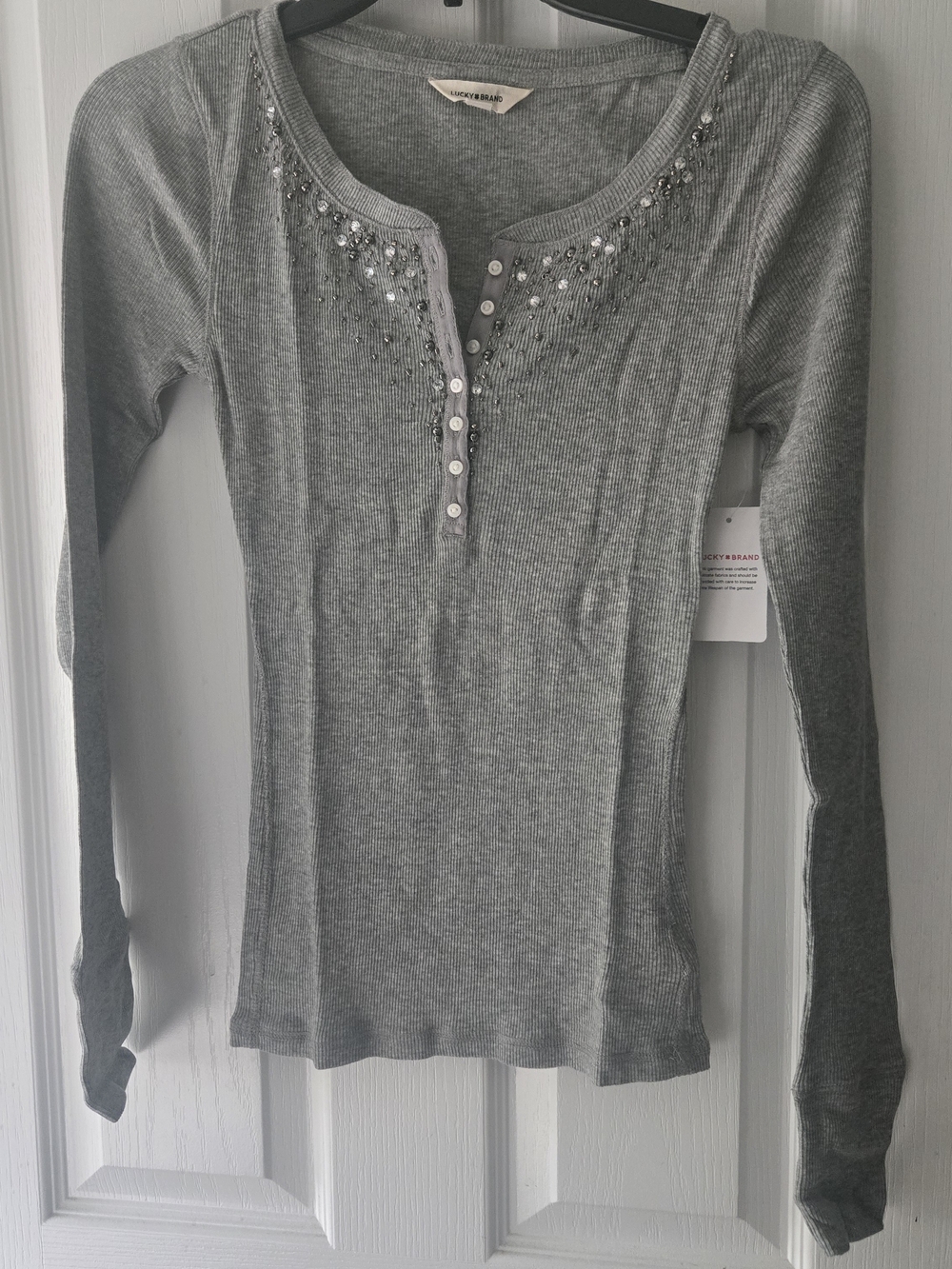 Lucky Brand Gray Rhinestone Henley Ribbed Long-Sleeve Top